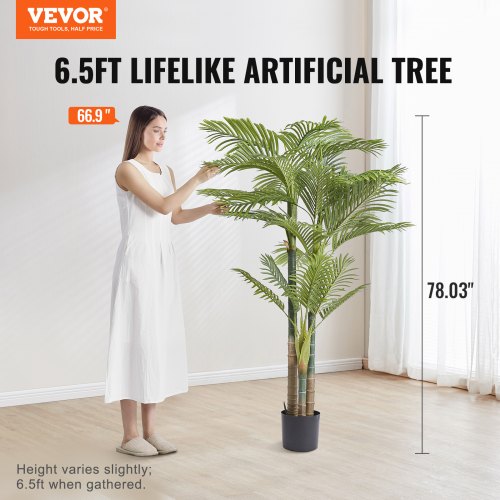 Artificial Gold Cane Palm Tree, 2m Tall Faux Plant, PE Material & Anti-Tip Tilt Protection Low-Maintenance Plant, Lifelike Green Fake Tree for Home Office Warehouse Decor Indoor Outdoor