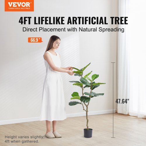 Artificial Fiddle Leaf Fig Tree, 4 FT, Secure PE Material & Anti-Tip Tilt Protection Low-Maintenance Faux Plant, Lifelike Green Fake Potted Tree for Home Office Warehouse Decor Indoor Outdoor