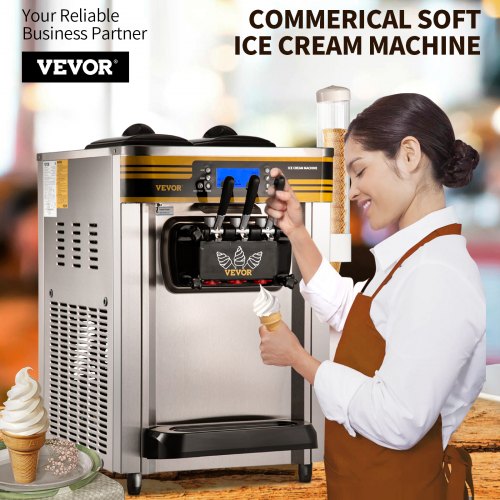 Commercial Ice Cream Maker, 22-30L/H Yield, 2350W Countertop Soft Serve Machine w/ 2x6L Hopper 2L Cylinder LCD Panel Puffing Shortage Alarm, Frozen Yogurt Maker for Restaurant Snack Bar, Silver