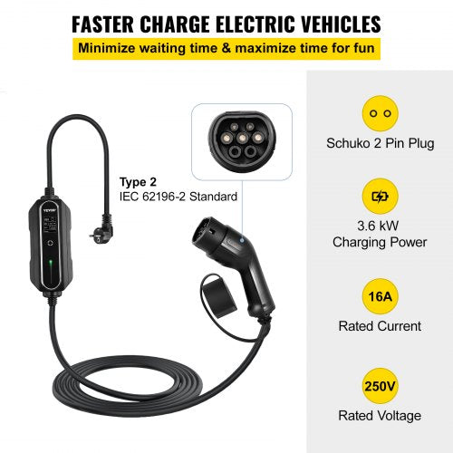 Portable EV Charger, Type 2 16A, Electric Vehicle Charger 7.5 M Charging Cable with Schuko 2 Pin Plug, Digital Screen, 3.6 kW WaterProof IEC 62196-2 Home EV Charging Station with Carry Bag, CE