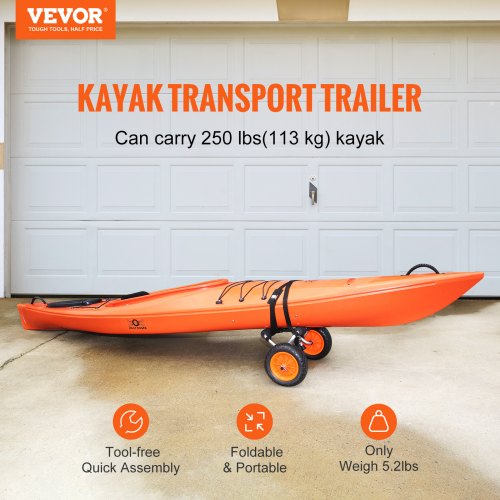 Heavy Duty Kayak Cart, 250lbs Load Capacity, Foldable Canoe Trolley Cart with 10'' Solid Tires, Nonslip Support Foot & Tie-Down Strap, for Kayaks Canoes Paddleboards Float Mats Jon Boats