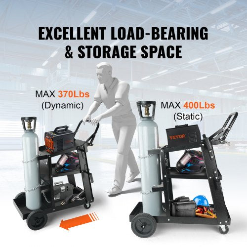 Welding Cart, 3-Tier Welder Cart Heavy Duty with 400 Lbs Weight Capacity, 360° Swivel Wheels, Tank Storage Safety Chains, Rolling MIG Welder Cart for TIG, ARC, MMA, Plasma Cutter Welding Machine