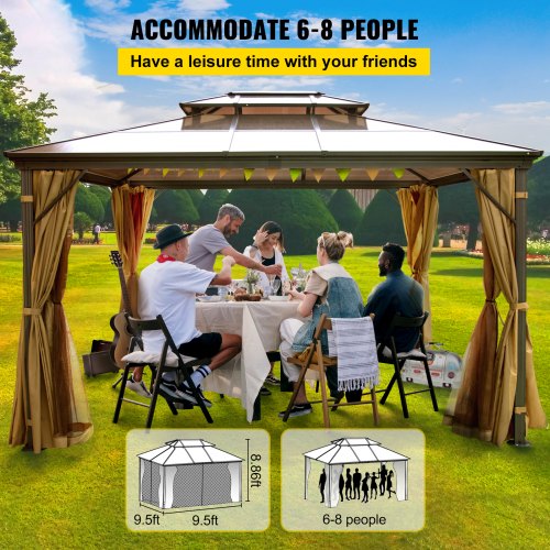 Patio Gazebo 10x10ft Hardtop Gazebo Gazebo with Mosquito Netting Outdoor Gazebo Patio Tent Garden Winds Replacement Canopy Double Tier Roof Canopy Gazebos For Patios Garden Home Lawn Brown
