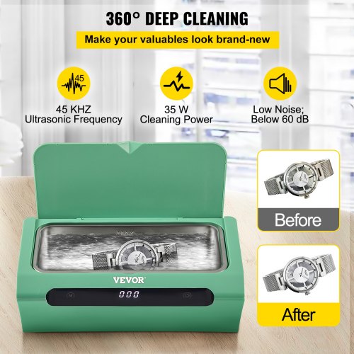 Ultrasonic Jewelry Cleaner, 45 kHz 500ML, Professional Ultra Sonic Cleaner w/ Touch Control, Digital Timer, Cleaning Basket, Stainless Steel Ultrasound Cleaning Machine for Watches Glasses Green