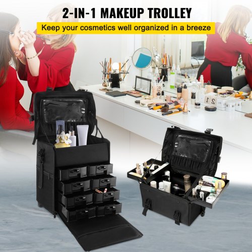 2 in 1 Makeup Case Train Box Cosmetic Organizer Rolling Luggage Trolley Bag Black Professional Makeup Case Organizer Beauty Case on Wheels