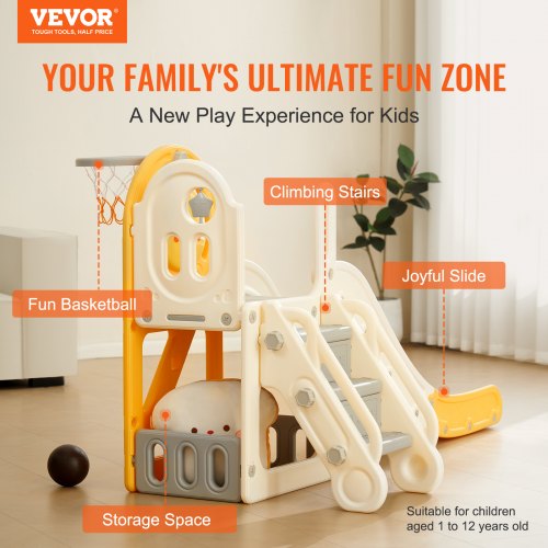 Toddler Slide, Kid Slide for Toddlers Age 1-12 w/ Climbable Ladders & Basketball Hoop & Storage Space, Indoor Outdoor Slide Playset for Kids Within 50kg, Toddler Playground w/ Raised Handrail