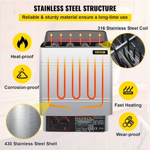 8KW Sauna Heater Stove 380V-415V Wet&Dry  Electric Sauna Heater with Built-in Control Unit Stainless Steel Sauna Heater