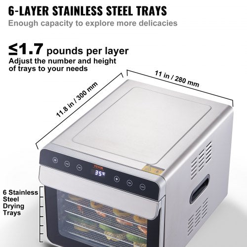 6 Trays Food Dehydrator Machine Stainless Steel 700W Jerky Fruit Drying