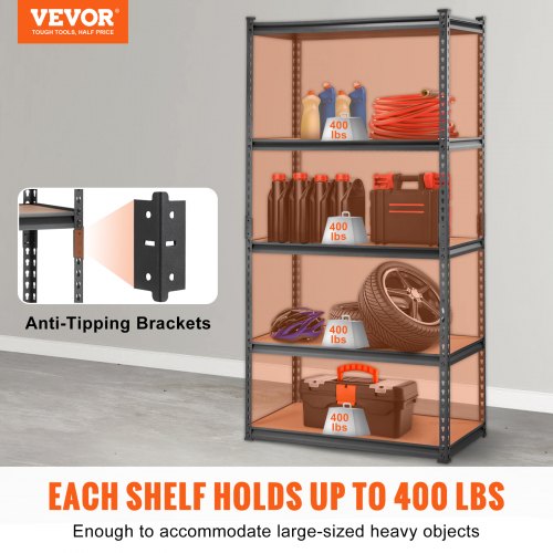 Storage Shelving Unit, 5-Tier Adjustable, 2000 lbs Capacity, Heavy Duty Garage Shelves Metal Organizer Utility Rack, Black, 36" L x 18" W x 72" H for Kitchen Pantry Basement Bathroom Laundry