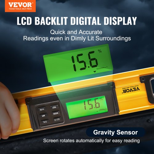 Magnetic Torpedo Level, 600mm, LED Backlit Screen Mechanical Bubble Vials Ruler for 0-360 Degree, Gravity Sensor Aluminum Alloy Leveler Tool w/ Viewing Window, Shock-Resistant for Plumbing, Wood