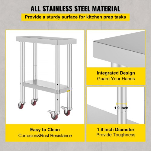 Stainless Steel Catering Work Table 12x24 Inch Commercial Work Table with 4 Wheels Commercial Food Prep Workbench with Flexible Adjustment Shelf for Kitchen Prep Table