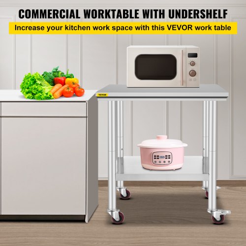 Stainless Steel Catering Work Table 30x24 Inch Commercial Work Table with 4 Wheels Commercial Food Prep Workbench with Flexible Adjustment Shelf for Kitchen Prep Table