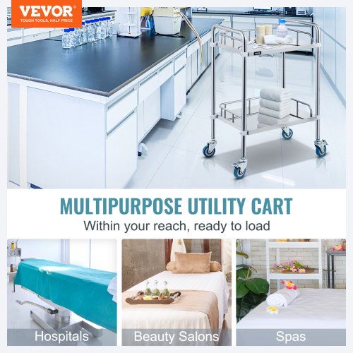 2-Layer Lab Medical Cart Stainless Steel Trolley Cart Lab Medical Equipment Cart Trolley for Lab Hospital Clinics