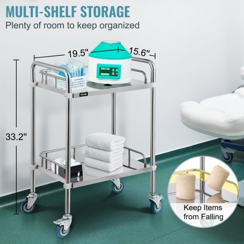 2-Layer Lab Medical Cart Stainless Steel Trolley Cart Lab Medical Equipment Cart Trolley for Lab Hospital Clinics