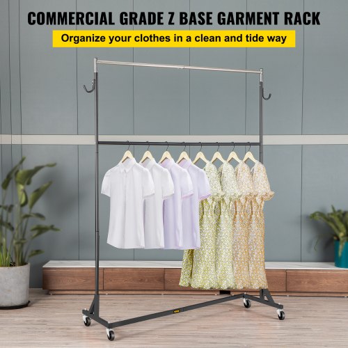 Z Rack, Industrial Grade Z Base Garment Rack, Height Adjustable Rolling Z Garment Rack, Sturdy Steel Z Base Clothing Rack w/ Lockable Casters, for Home Clothing Store w/ Add-on Hang Rail Black