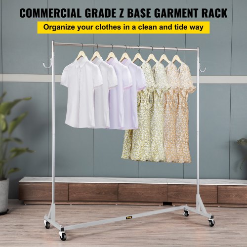 Z Rack, Industrial Grade Z Base Garment Rack, Height Adjustable Rolling Z Garment Rack, Sturdy Steel Z Base Clothing Rack w/ Lockable Casters for Home Garment Store Display Commercial Use Silver