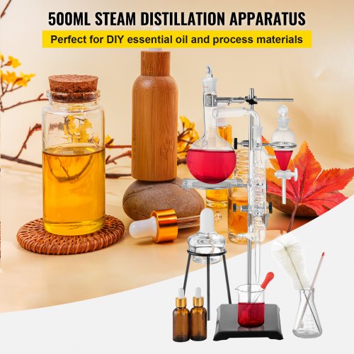 Distillation Apparatus 500ML Lab Glassware Kit Glass Distilling for Pure Water Oil Essential Distillation with Condenser Pipe Flask
