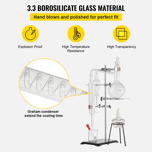 Distillation Apparatus 500ML Lab Glassware Kit Glass Distilling for Pure Water Oil Essential Distillation with Condenser Pipe Flask