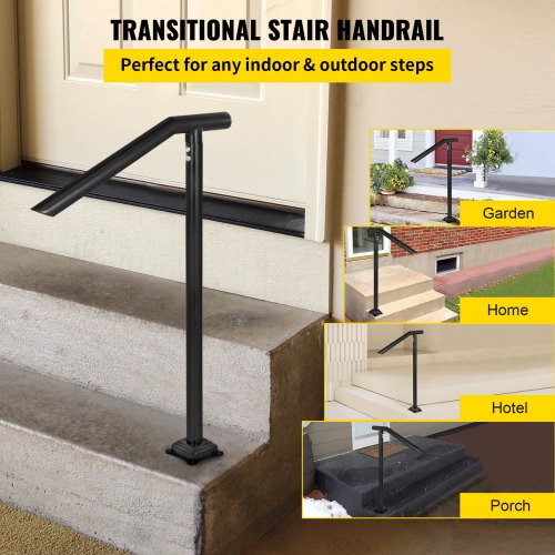 Handrail, 1-3 Step Black Steel Railing for Steps 330LBS Capacity Stair Handrail  Baking Varnish Metal Handrail for Stairs Stylish Handrails for Outdoor Steps with Expansion Bolts & Drill Bit