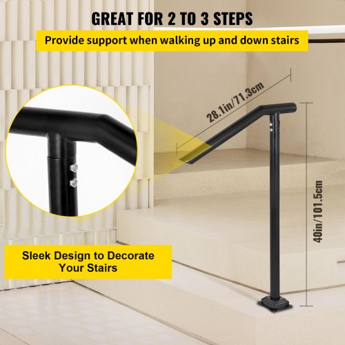Handrail, 1-3 Step Black Steel Railing for Steps 330LBS Capacity Stair Handrail  Baking Varnish Metal Handrail for Stairs Stylish Handrails for Outdoor Steps with Expansion Bolts & Drill Bit