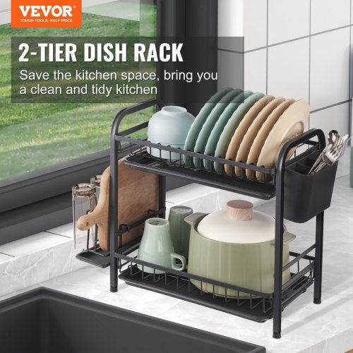 Dish Drying Rack, 2 Tier Large Capacity Dish Drainers, Rustproof Carbon Steel Dish Drainer with Drainboard, Storage Space Saver, Cup and Utensil Holder for Kitchen Counter Over The Sink, Black