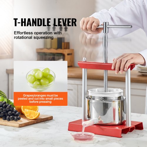 Fruit Wine Press, 0.8 Gallon/3L, 2 Stainless Steel Barrels, Manual Juice Maker, Cider Apple Grape Tincture Vegetables Honey Olive Oil Making Press with T-Handle for Outdoor, Kitchen, and Home