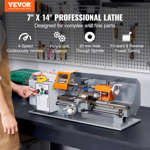Metal Lathe Machine, 7'' x 13.78'', Precision Benchtop Power Metal Lathe, 0-2200 RPM Continuously Variable Speed, 500W Brush Motor Metal Gears, with Tool Box for Processing Precision Parts