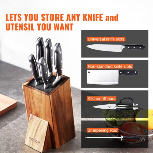 Universal Knife Holder, Acacia Wood Knife Block Without Knives, Extra Large Knife Storage Holder Stand with PP Brush, Multifunctional Wooden Knife Organizer, Knife Rack for Kitchen Counter