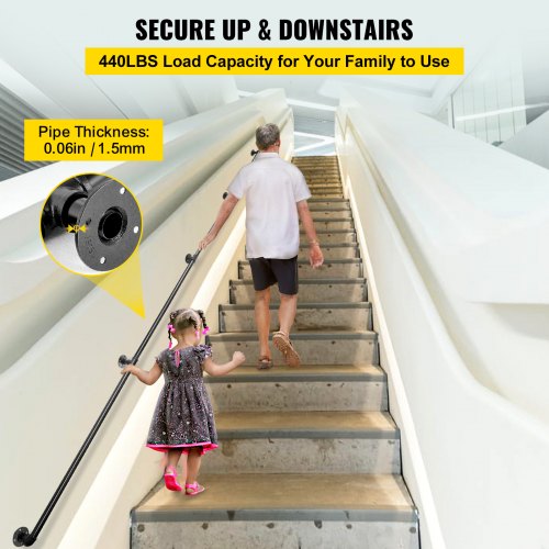 Pipe Stair Handrail, 13FT Staircase Handrail, 440LBS Load Capacity Carbon Steel Pipe Handrail, Industrial Pipe Handrail with Wall Mount Support, Round Corner Wall Handrailing for Indoor, Outdoor