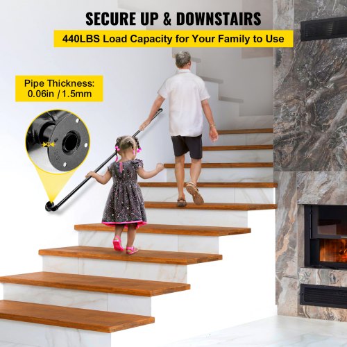 Pipe Stair Handrail, 4FT Staircase Handrail, 440LBS Load Capacity Carbon Steel Pipe Handrail, Industrial Pipe Handrail with Wall Mount Support, Round Corner Wall Handrailings for Indoor, Outdoor