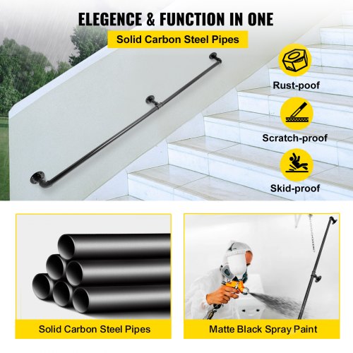 Pipe Stair Handrail, 6FT Staircase Handrail, 440LBS Load Capacity Carbon Steel Pipe Handrail, Industrial Pipe Handrail with Wall Mount Support, Round Corner Wall Handrailings for Indoor, Outdoor