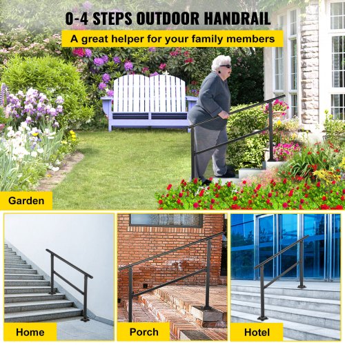 Outdoor Stair Railing, Fits for 1-3 Steps Transitional Wrought Iron Handrail, Adjustable Exterior Stair Railing, Handrails for Concrete Steps with Installation Kit, Matte Black Outdoor Handrail