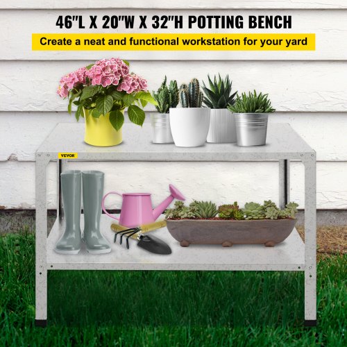 Potting Bench, 20"L x 46"W x 32"H, Weathering Steel Outdoor Workstation Table with Adjustable Shelf, Multi-use Gardening Bench for Greenhouse, Patio, Porch, Backyard, Silver