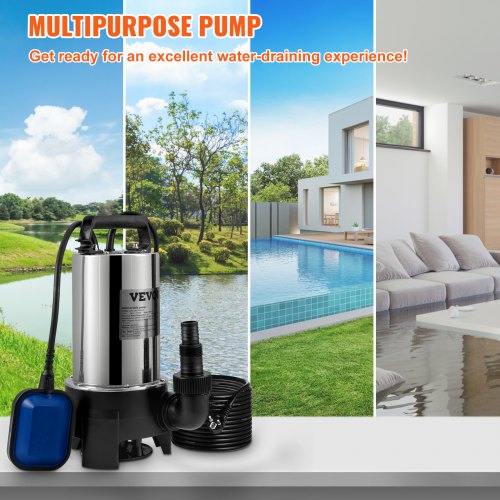 Submersible Water Pump, 1100W 20000L/H, w/ 10 m Cord and Automatic Tethered Float Switch, Portable Stainless Steel for Dirty or Clean, Drain Floods, Empty Garden Ponds, Swimming Pools, Hot Tubs