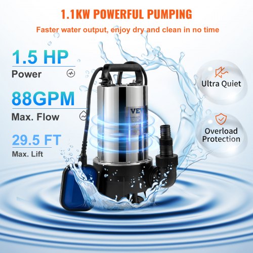 Submersible Water Pump, 1100W 20000L/H, w/ 10 m Cord and Automatic Tethered Float Switch, Portable Stainless Steel for Dirty or Clean, Drain Floods, Empty Garden Ponds, Swimming Pools, Hot Tubs
