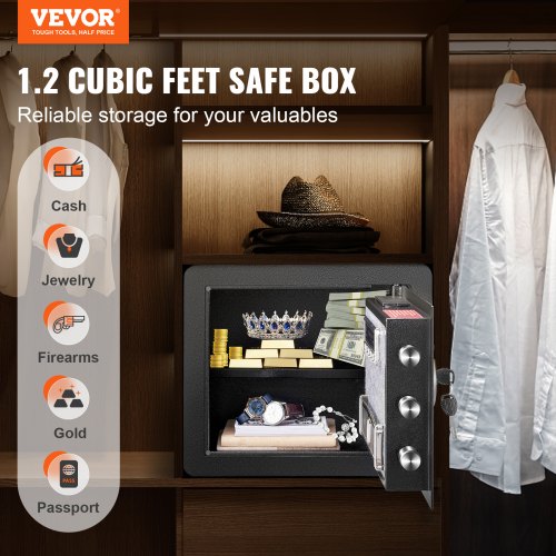 Safe, 1.2 Cubic Feet Home Safe, Steel Security Safe with Digital Keypad and 2 Keys, Cabinet Safe with Fire-proof Bag, Protect Cash, Gold, Jewelry, Documents for Home, Hotel, 15.8x11.8x13.8 inche