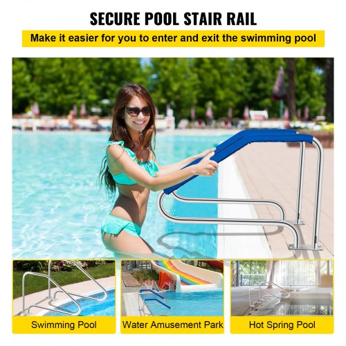 Pool Handrail, 49.4 x 34" Swimming Pool Stair Rail, 304 Stainless Steel Stair Pool Hand Rail Rated 375lbs Load Capacity, Pool Rail with Quick Mount Base Plate, and Complete Mounting Accessories