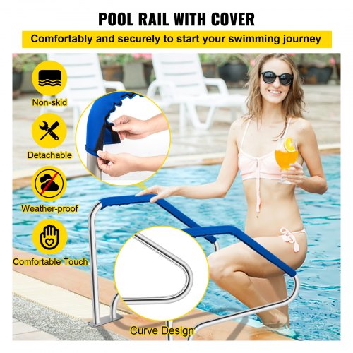 Pool Handrail, 49.4 x 34" Swimming Pool Stair Rail, 304 Stainless Steel Stair Pool Hand Rail Rated 375lbs Load Capacity, Pool Rail with Quick Mount Base Plate, and Complete Mounting Accessories
