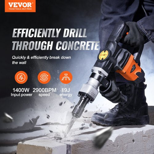 Demolition Jack Hammer Concrete Breaker 1600W Electric Hammer 2 Chisel Bit