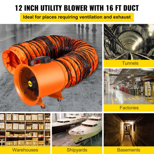Utility Blower Fan, 12 inch 0.7 HP Ventilation Fan, 2295 CFM 3300 RPM Portable Ventilator, Heavy-Duty High Velocity Cylinder Fan, New Style Stand Ventilator Fume Extractor, with 5M Duct Hose
