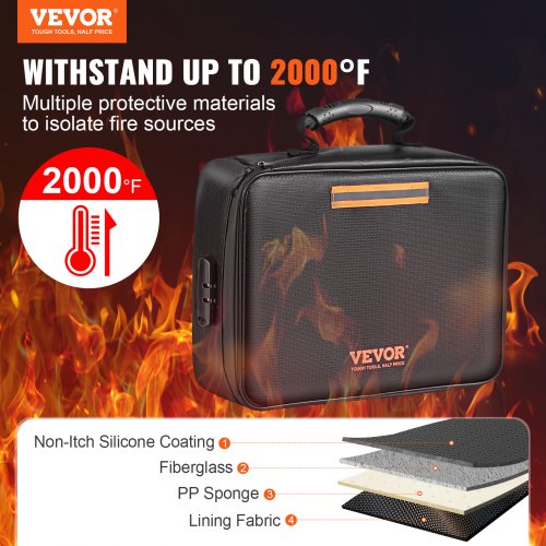 Fireproof Document Box, Fireproof Document Bag with Lock 2000℉, 3-layer Fireproof and Waterproof File Box 14.17x10.63x4.13 inch with Zipper, for Money, Documents, Jewelry and Passport