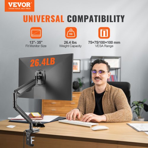 Single Monitor Mount, Supports 13"-35" Screen, Fully Adjustable Gas Spring Monitor Arm, Holds up to 26.4 lbs, Computer Monitor Stand Holder with C-Clamp/Grommet Mounting Base, VESA Mount Bracket