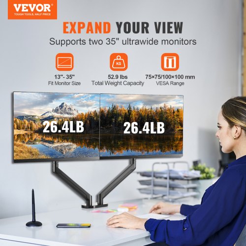 Dual Monitor Mount, Supports 13"-35" Screens, Fully Adjustable Gas Spring Monitor Arm, Holds up to 26.4 lbs per Arm, Computer Stand Holder with C-Clamp/Grommet Mounting Base, VESA Mount Bracket