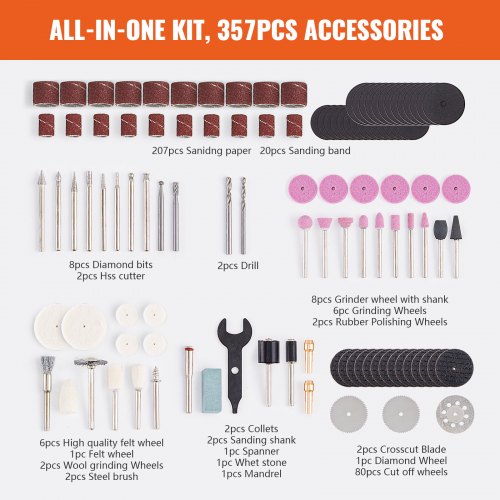 Rotary Tool Accessories Kit 357PCS, 1/8" Diameter Shank Power Rotary Tool Accessories Set, Universal Fitment Electric Tool Accessories for Carving, Sanding, Cutting, Drilling, Cleaning, Grinding
