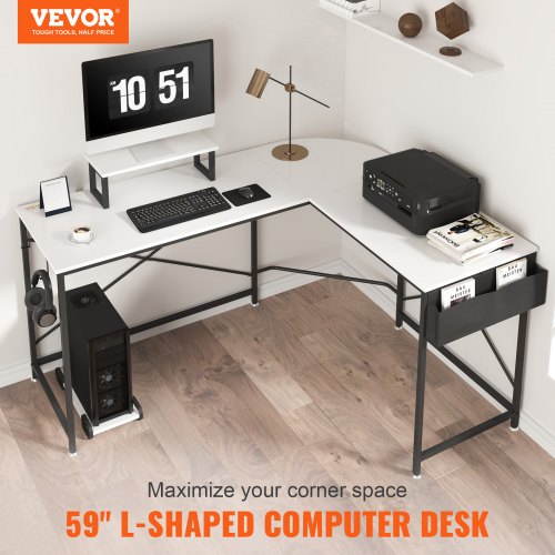 L Shaped Computer Desk, 59'' Corner Desk with Storage Bag, Monitor Riser and CPU Stand, Work Desk Gaming Desk for Home Office Workstation, White
