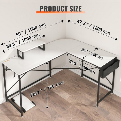 L Shaped Computer Desk, 59'' Corner Desk with Storage Bag, Monitor Riser and CPU Stand, Work Desk Gaming Desk for Home Office Workstation, White