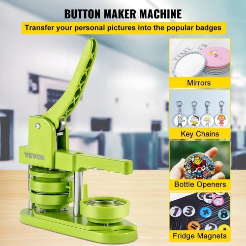 Badge Button Press, 2-1/4 inch (58 mm) Button Press Machine, Green Button Badge Maker Machine with 1 Circle Cutter and 500 Sets of Components (Metal Fronts, Clear Plastic Mylar, Plastic Backs)