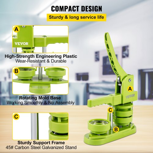 Badge Button Press, 2-1/4 inch (58 mm) Button Press Machine, Green Button Badge Maker Machine with 1 Circle Cutter and 500 Sets of Components (Metal Fronts, Clear Plastic Mylar, Plastic Backs)