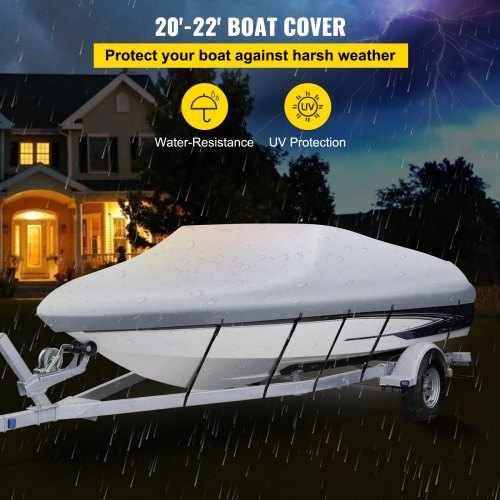 Waterproof Boat Cover, 20'-22' Trailerable Boat Cover, Beam Width up to 106" Hull Cover Heavy Duty 600D Marine Grade Polyester Mooring Cover for Fits V-Hull Boat with 5 Tightening Straps