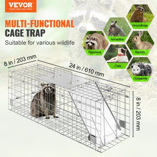 Live Animal Cage Trap 24" x 8" x 8" Humane Cat Trap Cats Squirrels Mouse